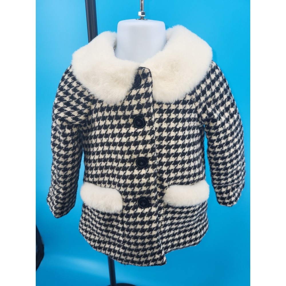 Max Studio Baby Pea Coat Houndstooth Black White Fur‎ Trim Button 18M Lined